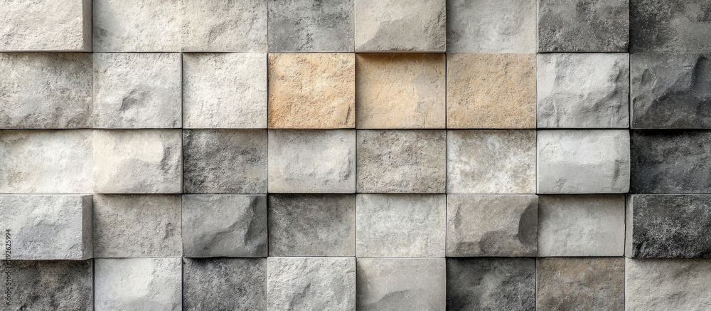Poster textured concrete wall background with various stone tiles providing empty space for design or text 