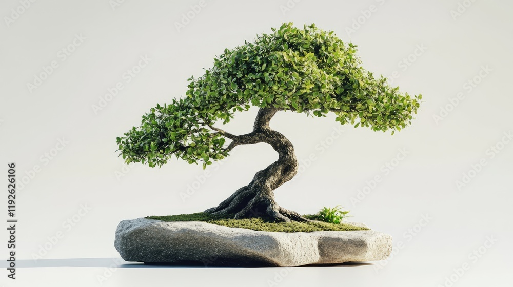 Poster Bonsai tree elegantly displayed on a smooth stone base against a clean white background showcasing natural beauty and tranquility