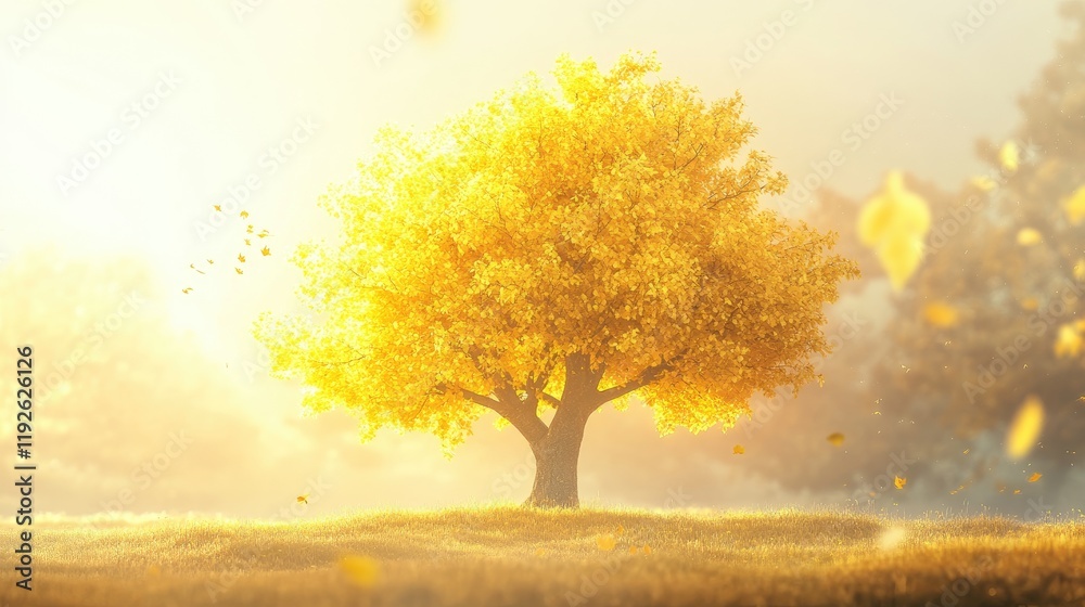 Poster Vibrant yellow maple tree illuminated by sunlight creating a serene background with ample copy space for your designs