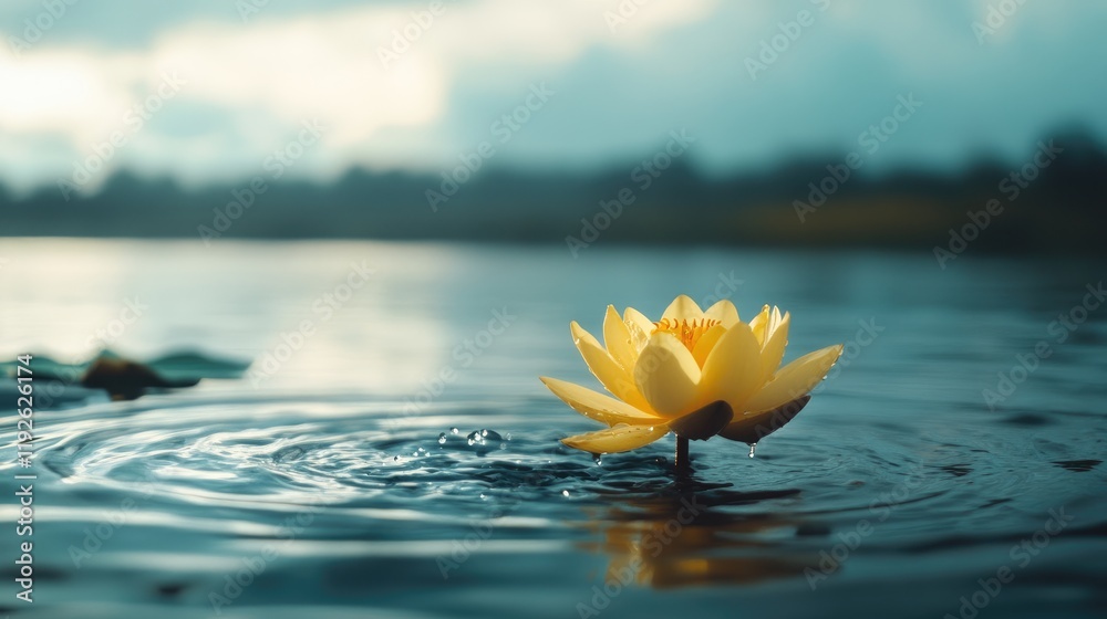 Poster serene yellow lotus flower with water droplets gracefully floating on a tranquil lake under a soft c