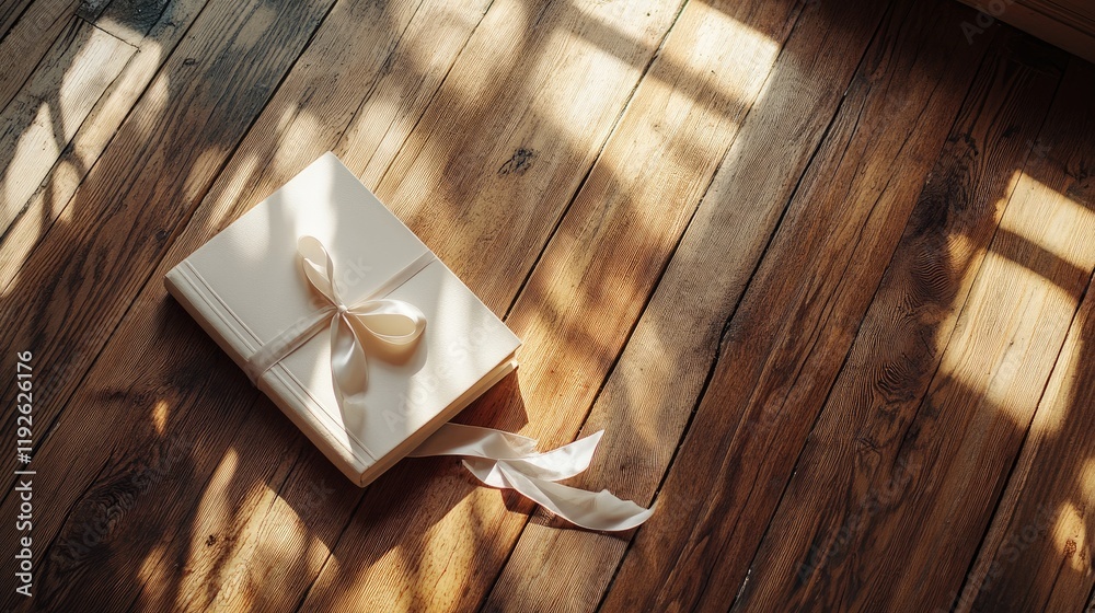 Aufkleber elegant book with a decorative ribbon resting on rustic wooden floor illuminated by natural light an