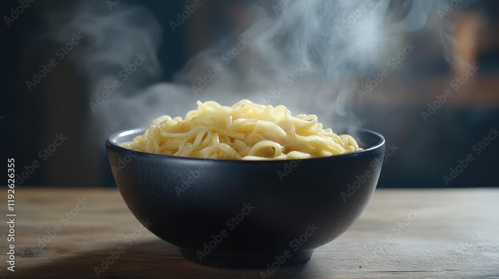 Poster steaming bowl of noodle soup on rustic wooden table with soft lighting