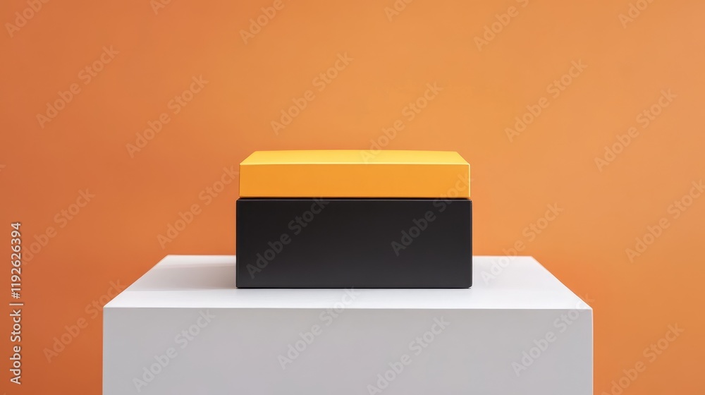 Poster black box with yellow lid on a pedestal against an orange background showcasing modern minimalism in