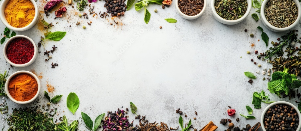 Poster banner featuring a variety of gourmet spices herbs and teas arranged beautifully with ample empty sp