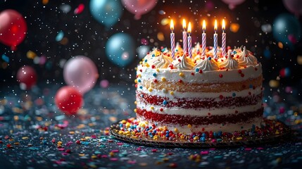 Whimsical Birthday Cake with Floating Balloons and Glowing Candles