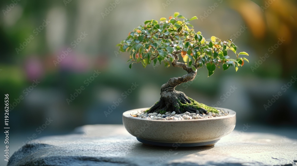 Poster bonsai tree displayed beautifully in a weathered pot surrounded by natural greenery and soft light a