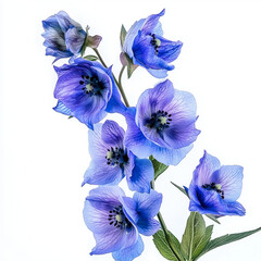 A close-up of a delphinium flower showing tall spikes of vibrant blue or purple flowers with delicate, intricate petals and soft gradients of color.