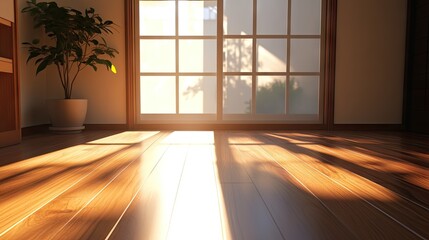 Obraz premium A spacious interior with a wooden floor and sunlight filtering through a window, casting natural light on the wall.