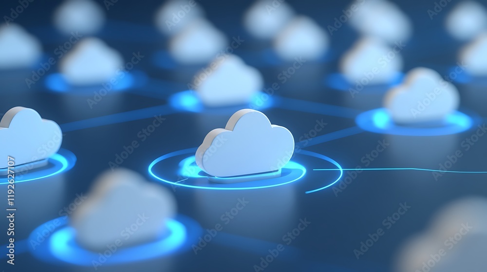 Poster abstract cloud computing network concept with 3d clouds and digital connections in blue background