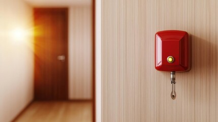 Fire alarm concept. A close-up of a red fire alarm on a wooden wall in a hallway with soft lighting.