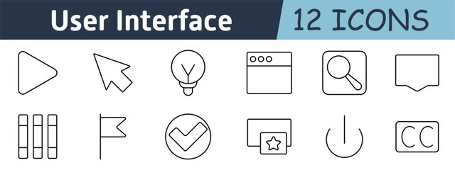 User interface set icon. Play, pointer, light bulb, browser, magnifier, message, books, flag, checkmark, card, power button, captions for functional controls