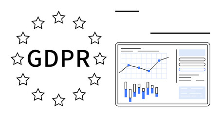 GDPR text inside star circle beside data charts on a digital screen. Ideal for privacy policies, data compliance, EU regulations, data security presentations, digital governance, legal analytics