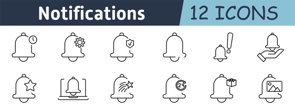 Notifications set icon. Timed alert, settings, verified alert, mini bell, exclamation, hand offer, favorite, app notification, star shooting, 24 7 service, package alert, media updates