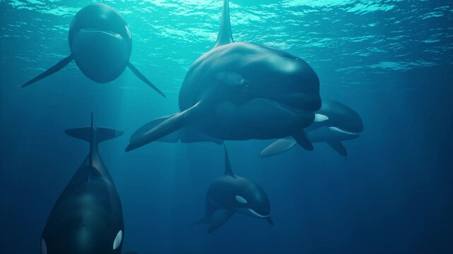 A group of orca whales swim underwater