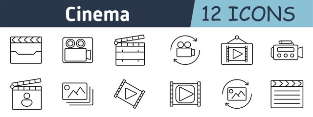 Cinema set icon. Clapperboard, video camera, film reel, movie reload, frame display, video recorder, actor slate, image gallery, video player, frame loop, image rotation, movie script