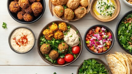 A vibrant assortment of plant-based protein foods with fresh greens and herbs on a light wooden surface.