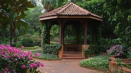 A small gazebo surrounded by blooming flowers and ivycovered walls