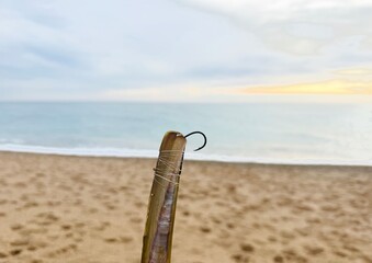 Close-Up of a Fishing Knife with Hook on the Beach: A Hidden Threat to Both People and Dogs.