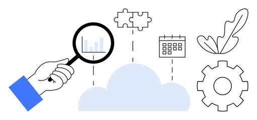 Hand holding magnifying glass exploring data over cloud with puzzle piece, calendar, gear, and leaf icons. Ideal for data analysis, cloud computing, problem-solving, scheduling, growth