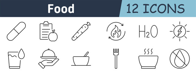 Food set icon. Capsule, health checklist, carrot, metabolism, H2O, energy, glass of water, serving dish, bowl, fork, hot soup, no liquid