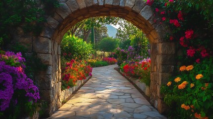 Obraz premium A stone archway leading to a hidden garden filled with colorful flowers