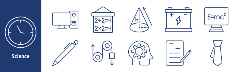 Science set icon. Clock, desktop, math board, geometry, battery, formula, pen, pulley, head with gears, document, tie