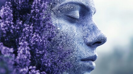 Serene Face Adorned With Lavender Flowers and Intricate Network