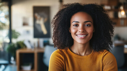 Fototapeta premium smiling black woman with curly hair, wearing yellow sweater, in cozy indoor setting. background features plants and modern decor, creating warm atmosphere