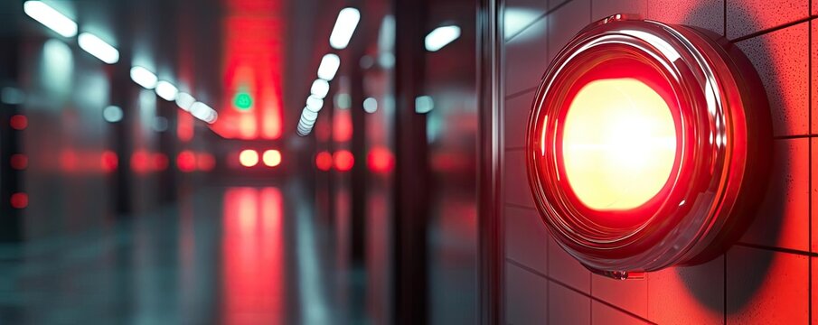 Fire alarm concept. Close-up of a glowing red warning light in a dimly lit hallway.