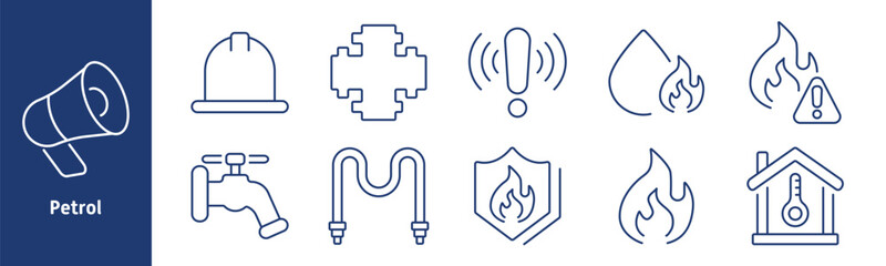 Petrol set icon. Megaphone, safety helmet, pipe joint, alert, water drop, fire, fire hazard, shield protection, heating system, thermometer house