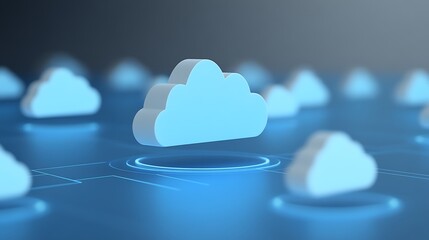 Abstract Digital Cloud Network Concept with 3D Cloud Shapes on a Blue Background Representing Technology