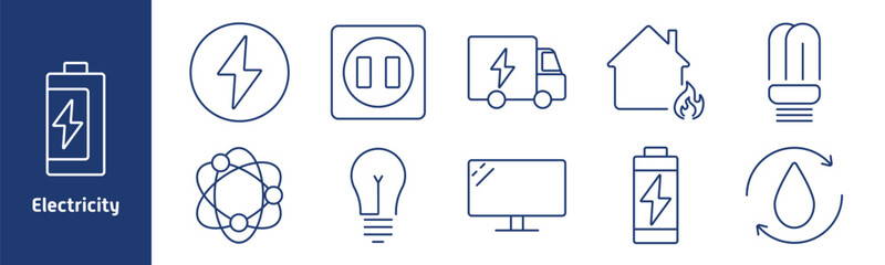 Fototapeta premium Electricity set icon. Battery, lightning symbol, power socket, delivery truck, electric house, fluorescent bulb, molecule, monitor, energy cycle