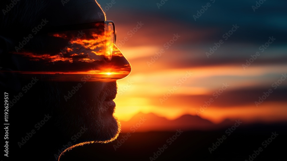 Poster Man's Profile with Sunset Reflection in Glasses at Dusk