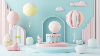 Pastel balloons, unicorn, and podium in a whimsical 3D render.