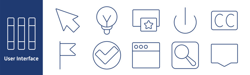 User interface set icon. Cursor, light bulb, star, power button, closed caption, flag, search, window, check mark, dialogue box, application, interaction, design