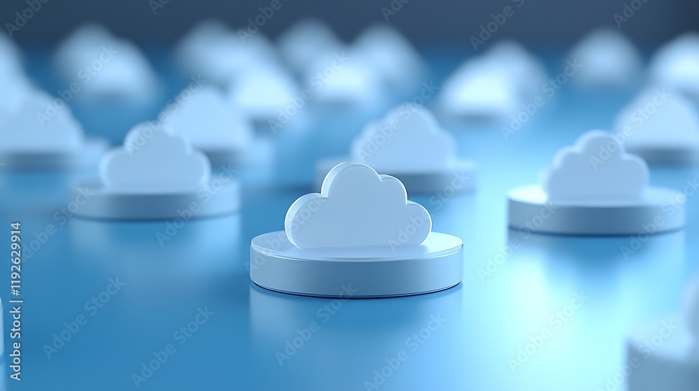 Poster abstract representation of cloud computing technology with floating stylized cloud icons on blue bac