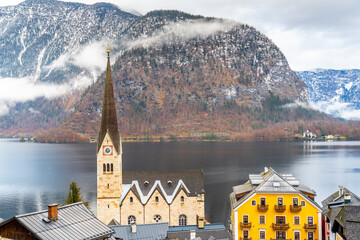 The Evangelical Church (Evangelische Kirche - Pfarrkirche) of Hallstatt, Austria is seen. This church has become Hallstatt symbol and is the most photographed structure. © Bulent