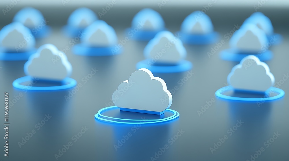 Poster abstract representation of cloud computing technology with glowing icons on a dark surface