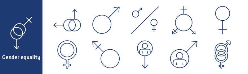 Gender equality set icon. Male and female symbols, interlinked circles, arrows, gender ratio, equality, user profiles, inclusive design, identity, rights, balance
