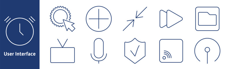 User interface set icon. Clock, cursor, crosshair, resize, play, folder, TV, microphone, shield, network, settings, security, media, communication