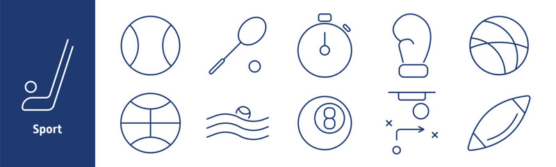 Sport set icon. Tennis ball, stopwatch, boxing glove, basketball, swimming, billiard ball, strategy, rugby, net, court, sports plan