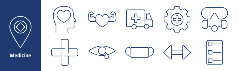 Medicine set icon. Heart in head, strong heart, ambulance, medical gear, goggles, cross symbol, eye tear, capsule, medical chart, emergency care, healthcare services