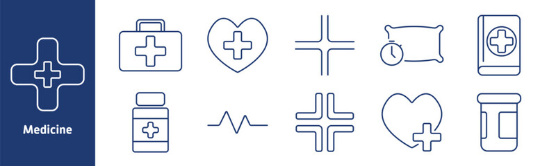 Obraz premium Medicine set icon. First aid kit, heart with cross, pills, heartbeat, timer, book, cross symbol, medication bottle, healthcare, safety
