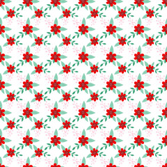 Playful seamless pattern with small red flowers and green leaves on white&mdash;ideal for children&rsquo;s textiles, spring crafts, gift wrap, and cute decorative designs.