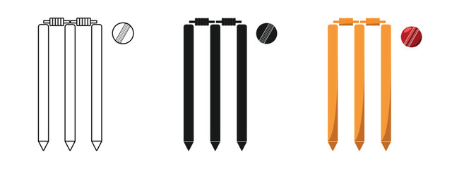 cricket stumps set design, line style, solid and colored, editable vector eps 10.
