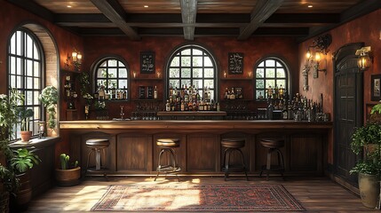 Fototapeta premium Vintage bar with wooden furniture, arched windows, and a variety of bottles