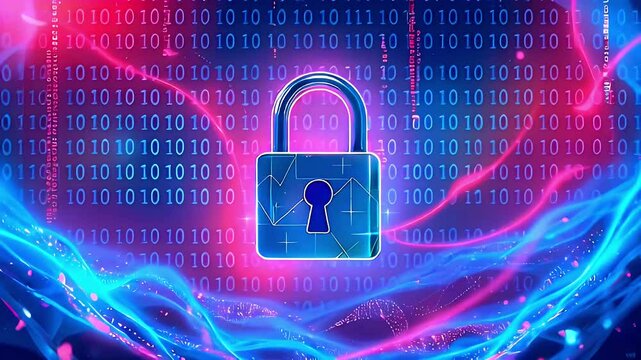 A digital lock symbol on a binary code background, representing cybersecurity and data protection.