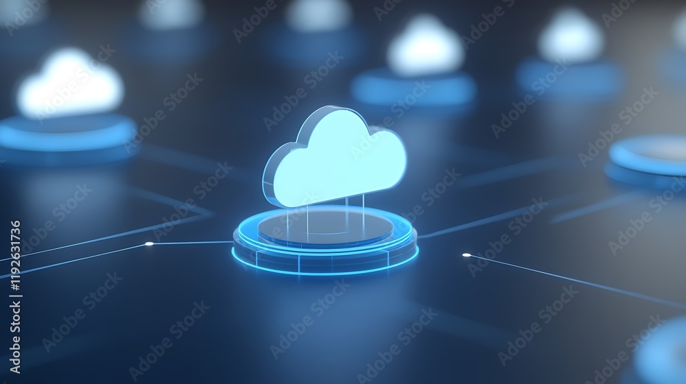 Poster blue cloud icon surrounded by digital network nodes representing cloud computing technology