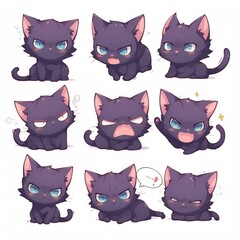 Cute kawaii ilustrations of a black cat with different expressions for stickers, emotes twitch, room decoration, logo, graphics, clipart, isolated, character design, decorative stickers