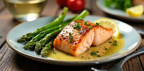 Pan-seared salmon with grilled asparagus, crisp white wine , dinner, cook